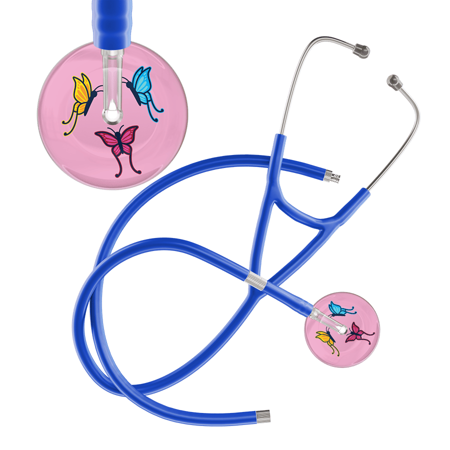 Ultrascope Single Stethoscope Light Pink Butterflies / Adult / Royal Blue Extended Tubing Light Butterflies Cardiology Stethoscope