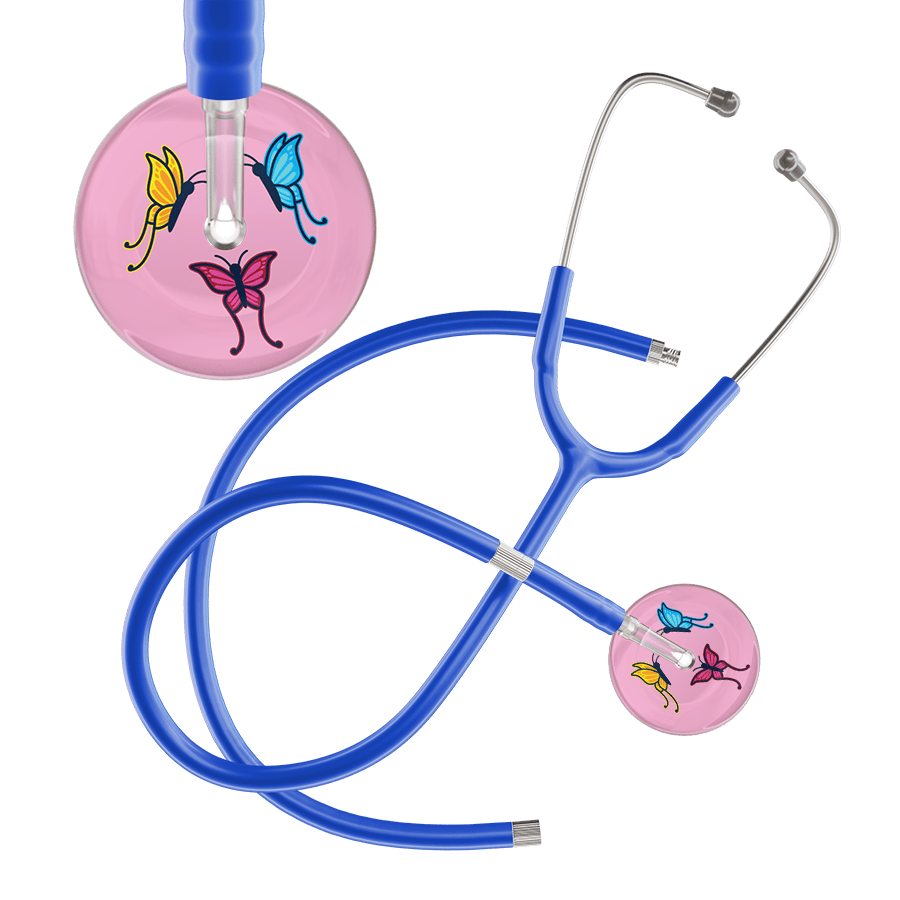Ultrascope Single Stethoscope Light Pink Butterflies / Adult / Royal Blue Extended Tubing Light Butterflies Stethoscope