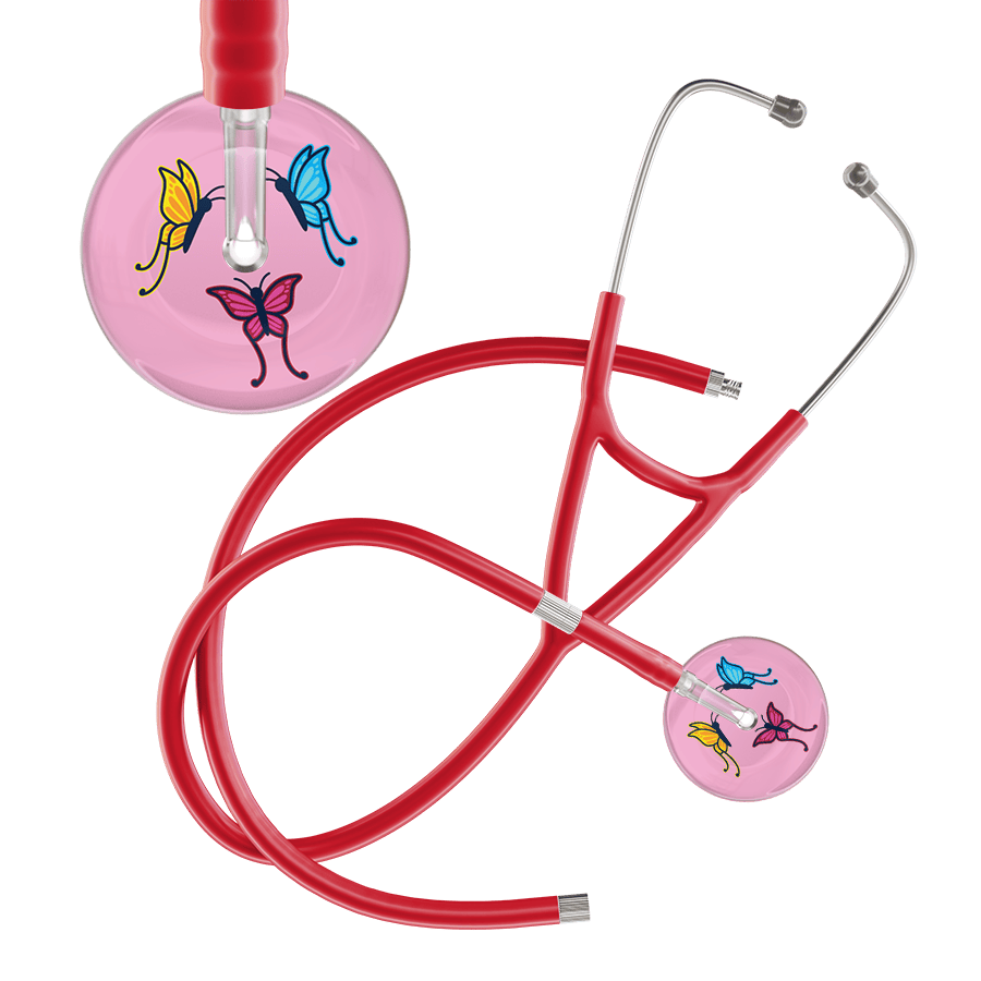 Ultrascope Single Stethoscope Light Pink Butterflies / Adult / Red Extended Tubing Light Butterflies Cardiology Stethoscope