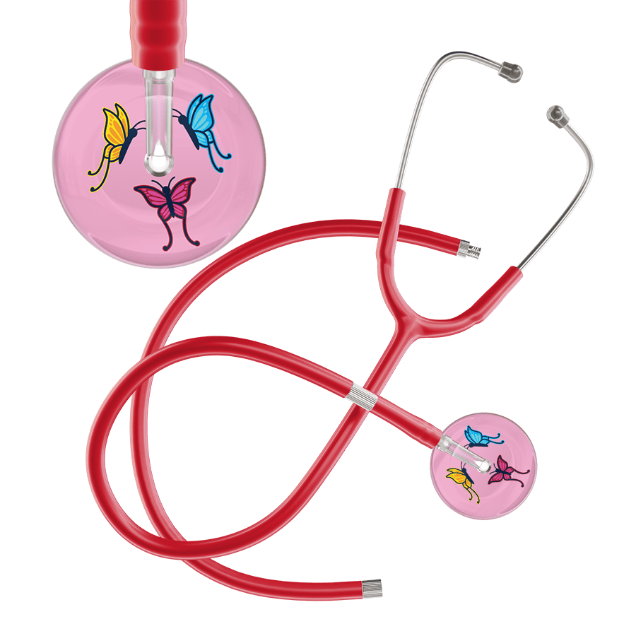 Ultrascope Single Stethoscope Light Pink Butterflies / Adult / Red Extended Tubing Light Butterflies Stethoscope