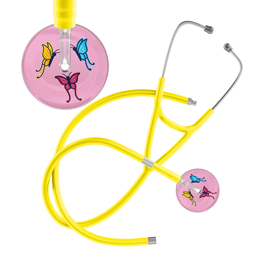Ultrascope Single Stethoscope Light Pink Butterflies / Adult / Yellow Extended Tubing Light Butterflies Cardiology Stethoscope