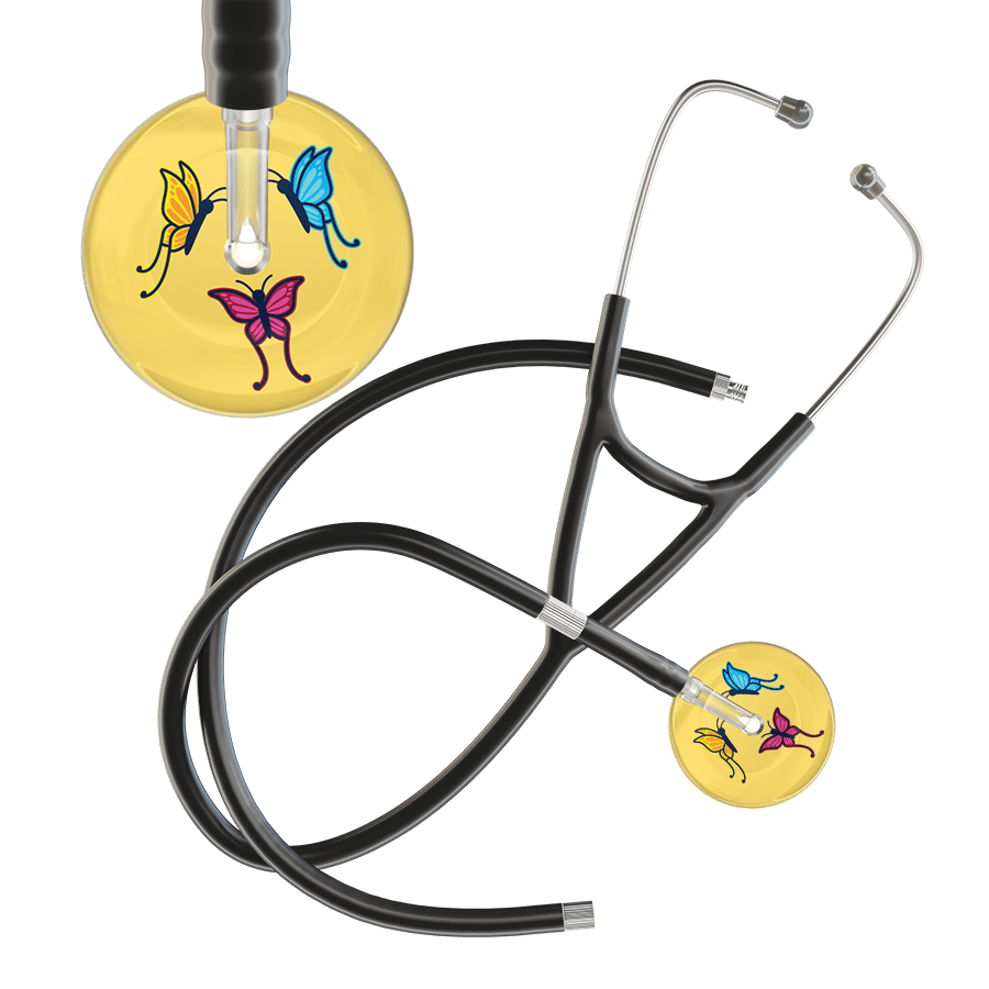 Ultrascope Single Stethoscope Light Yellow Butterflies / Adult / Black Extended Tubing Light Butterflies Cardiology Stethoscope