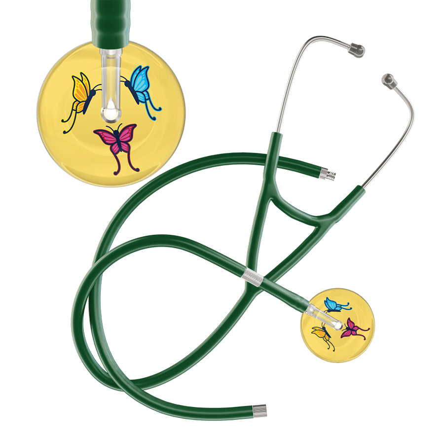 Ultrascope Single Stethoscope Light Yellow Butterflies / Adult / Dark Green Extended Tubing Light Butterflies Cardiology Stethoscope