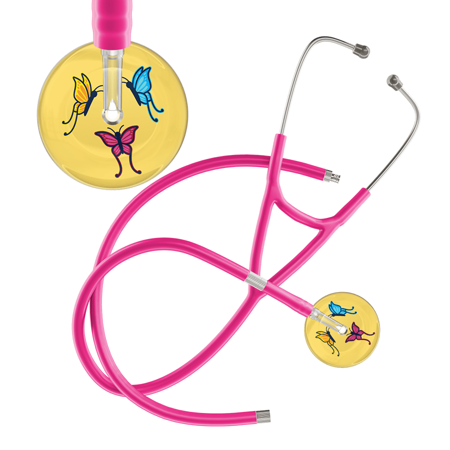 Ultrascope Single Stethoscope Light Yellow Butterflies / Adult / Hot Pink Extended Tubing Light Butterflies Cardiology Stethoscope