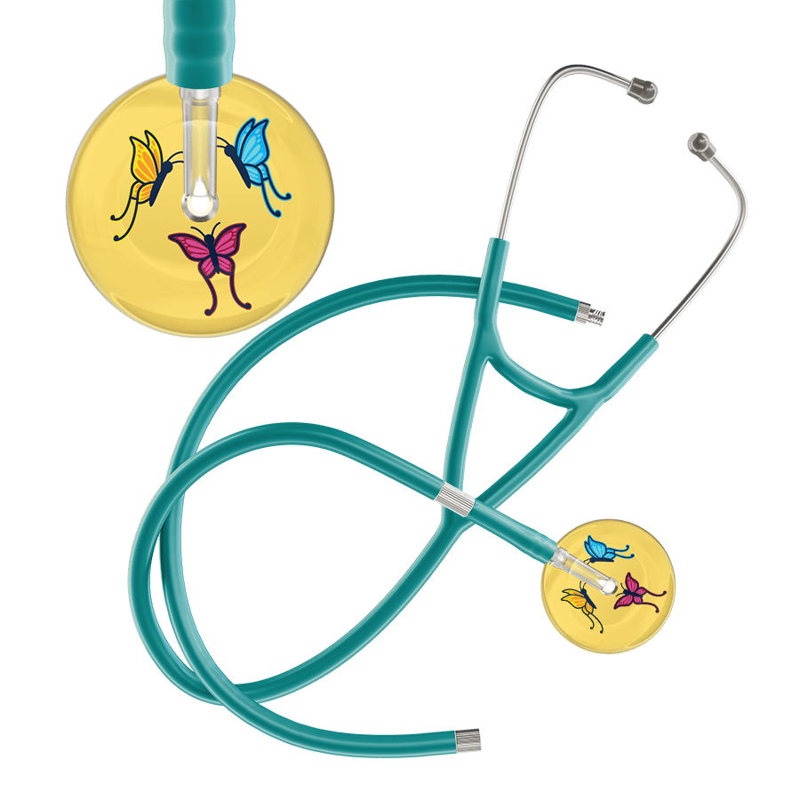 Ultrascope Single Stethoscope Light Yellow Butterflies / Adult / Jade Extended Tubing Light Butterflies Cardiology Stethoscope