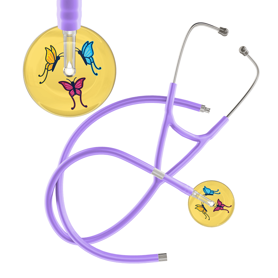 Ultrascope Single Stethoscope Light Yellow Butterflies / Adult / Lavender Extended Tubing Light Butterflies Cardiology Stethoscope