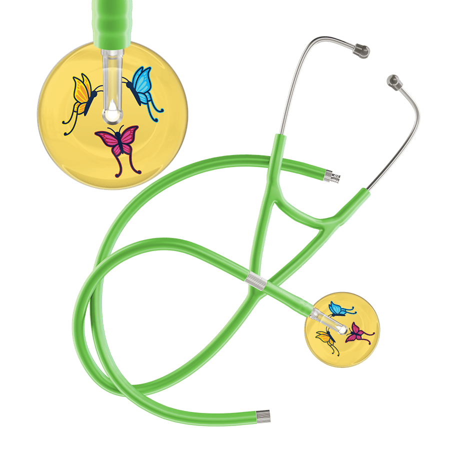 Ultrascope Single Stethoscope Light Yellow Butterflies / Adult / Lime Green Extended Tubing Light Butterflies Cardiology Stethoscope