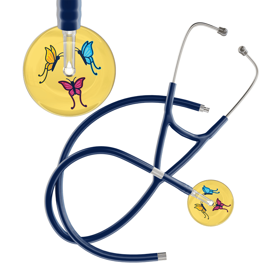 Ultrascope Single Stethoscope Light Yellow Butterflies / Adult / Navy Extended Tubing Light Butterflies Cardiology Stethoscope