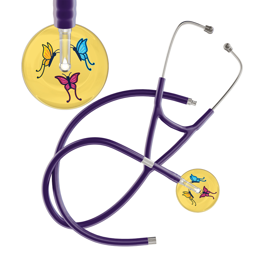 Ultrascope Single Stethoscope Light Yellow Butterflies / Adult / Purple Extended Tubing Light Butterflies Cardiology Stethoscope