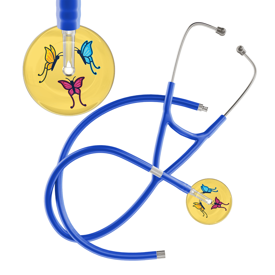 Ultrascope Single Stethoscope Light Yellow Butterflies / Adult / Royal Blue Extended Tubing Light Butterflies Cardiology Stethoscope