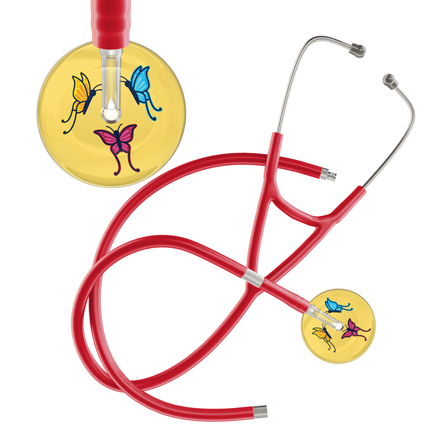 Ultrascope Single Stethoscope Light Yellow Butterflies / Adult / Red Extended Tubing Light Butterflies Cardiology Stethoscope