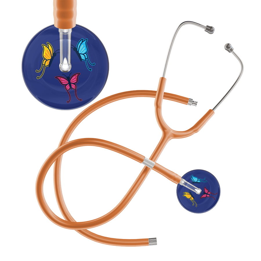 Ultrascope Single Stethoscope Royal Blue Butterflies / Adult / Caramel Extended Tubing Dark Butterflies Stethoscope