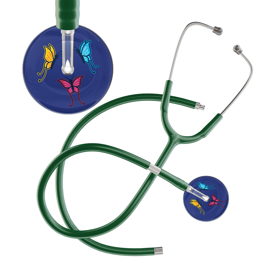 Ultrascope Single Stethoscope Royal Blue Butterflies / Adult / Dark Green Extended Tubing Dark Butterflies Stethoscope