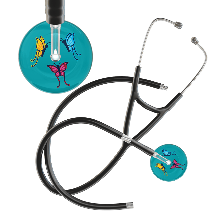 Ultrascope Single Stethoscope Teal Butterflies / Adult / Black Extended Tubing Dark Butterflies Cardiology Stethoscope