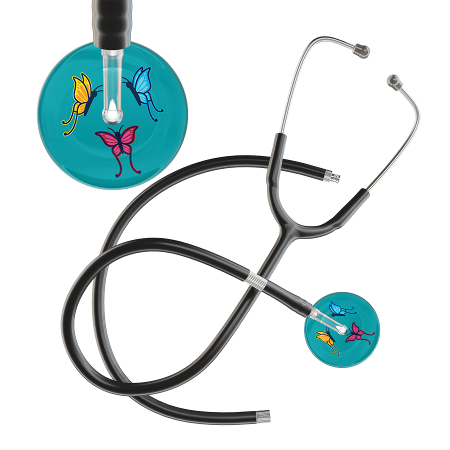 Ultrascope Single Stethoscope Teal Butterflies / Adult / Black Extended Tubing Dark Butterflies Stethoscope