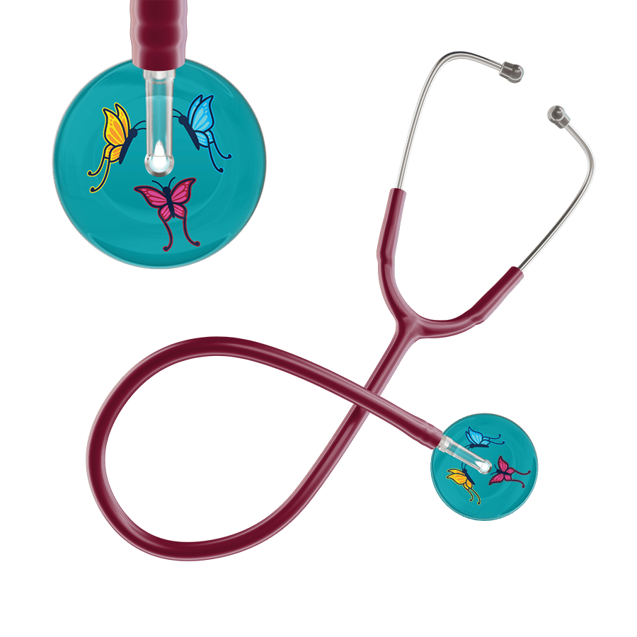Ultrascope Single Stethoscope Teal Butterflies / Adult / Burgundy Dark Butterflies Stethoscope