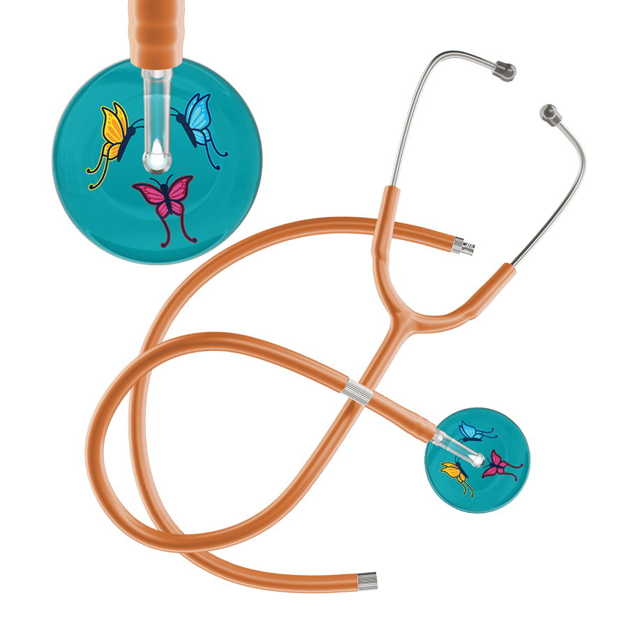 Ultrascope Single Stethoscope Teal Butterflies / Pediatric / Caramel Extended Tubing Dark Butterflies Stethoscope