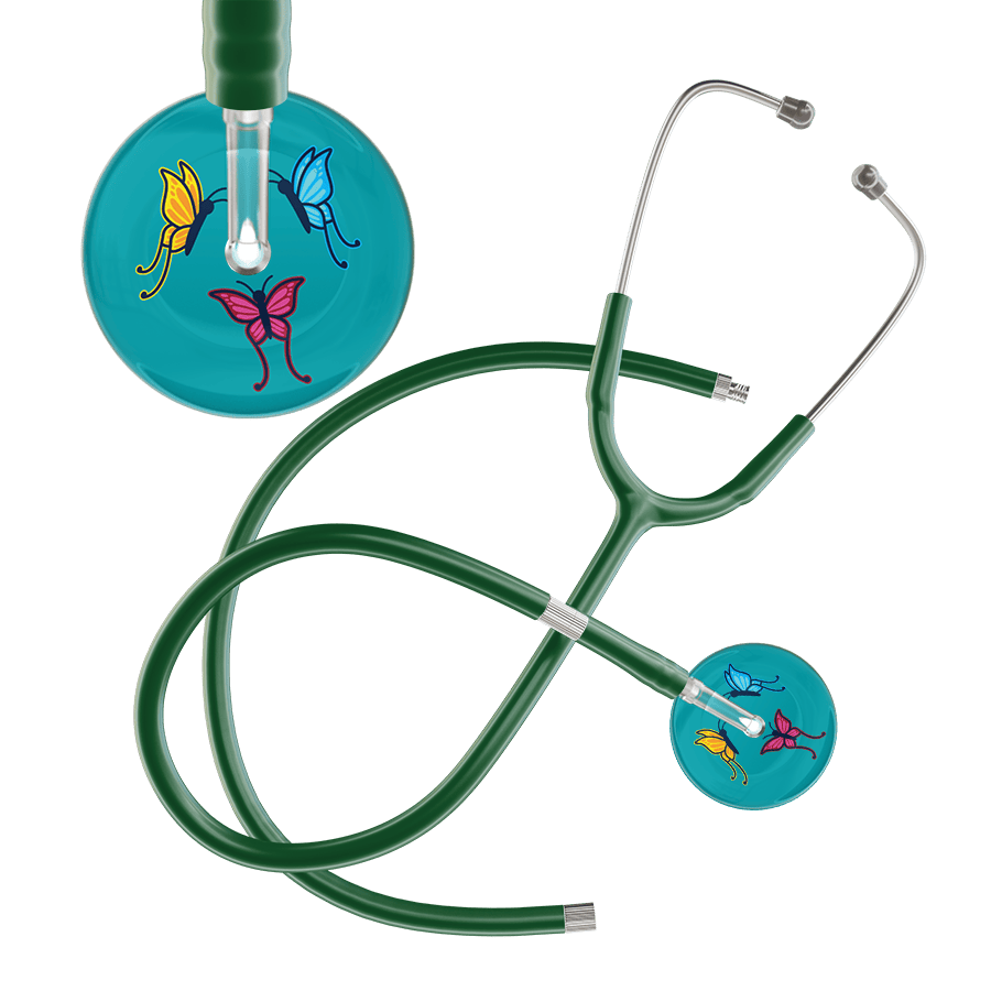 Ultrascope Single Stethoscope Teal Butterflies / Adult / Dark Green Extended Tubing Dark Butterflies Stethoscope