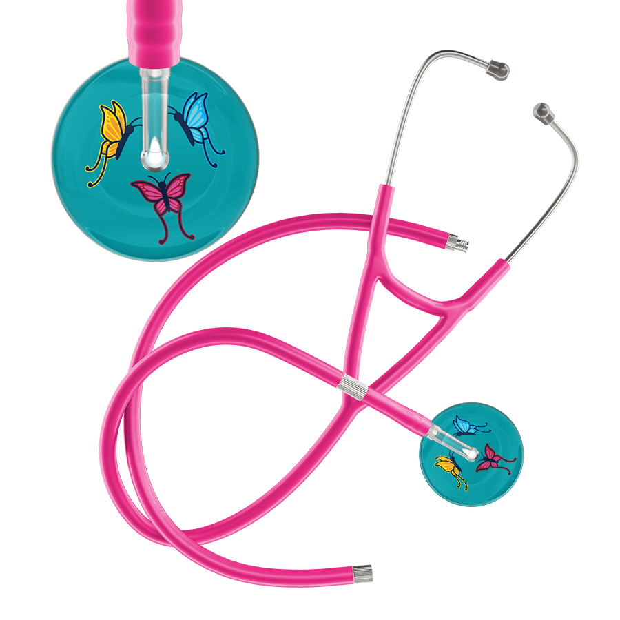 Ultrascope Single Stethoscope Teal Butterflies / Adult / Hot Pink Extended Tubing Dark Butterflies Cardiology Stethoscope