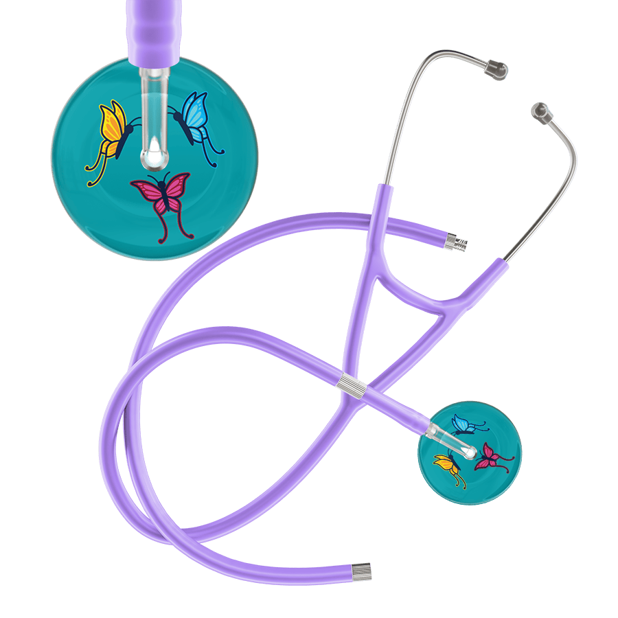Ultrascope Single Stethoscope Teal Butterflies / Adult / Lavender Extended Tubing Dark Butterflies Cardiology Stethoscope