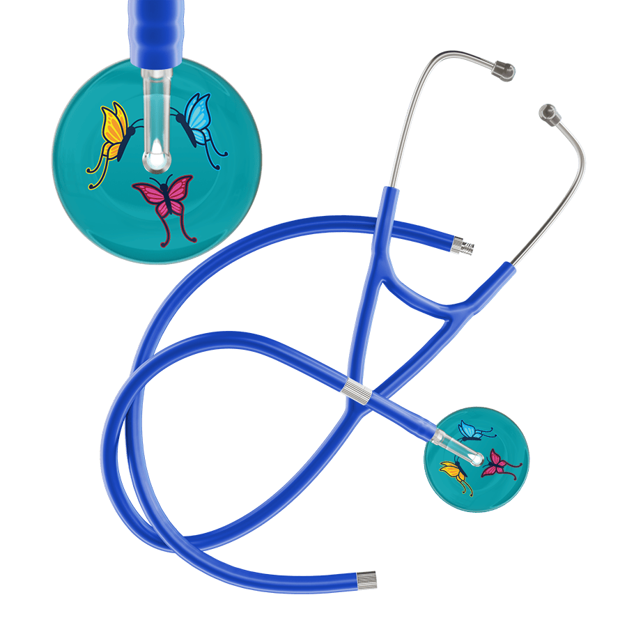 Ultrascope Single Stethoscope Teal Butterflies / Adult / Royal Blue Extended Tubing Dark Butterflies Cardiology Stethoscope