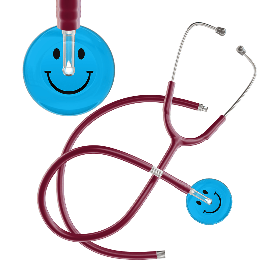 Ultrascope Single Stethoscope Smiley Face Cyan (CY) / Adult / Burgundy Extended Tubing Dark Smiley Face Stethoscope