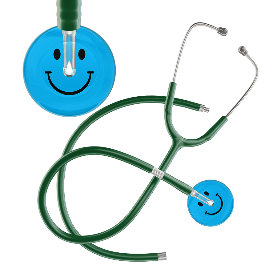 Ultrascope Single Stethoscope Smiley Face Cyan (CY) / Adult / Dark Green Extended Tubing Dark Smiley Face Stethoscope