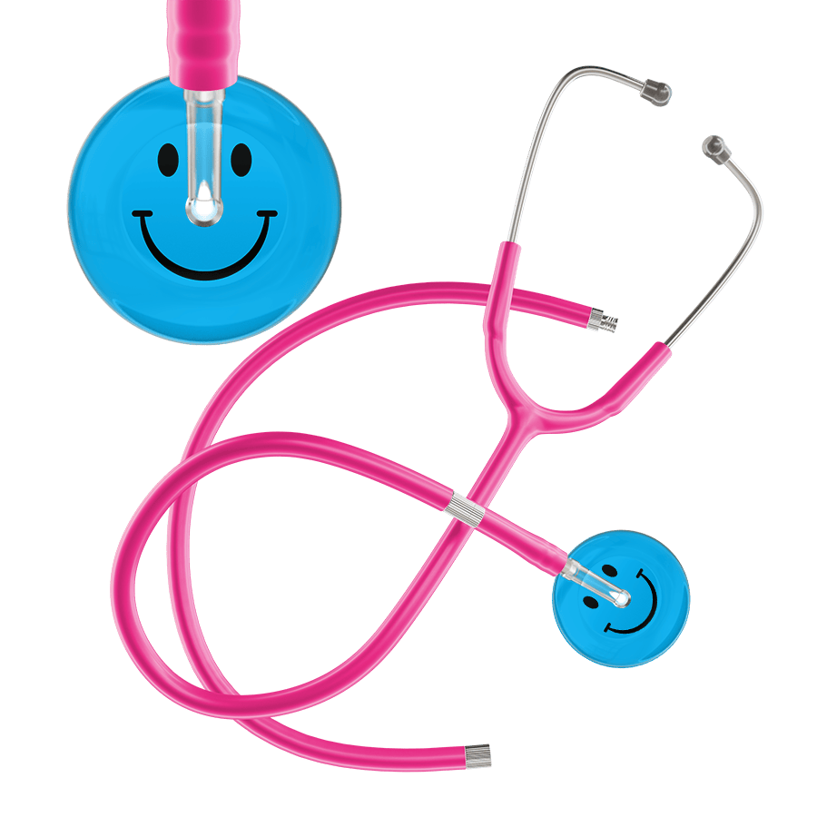Ultrascope Single Stethoscope Smiley Face Cyan (CY) / Adult / Hot Pink Extended Tubing Dark Smiley Face Stethoscope