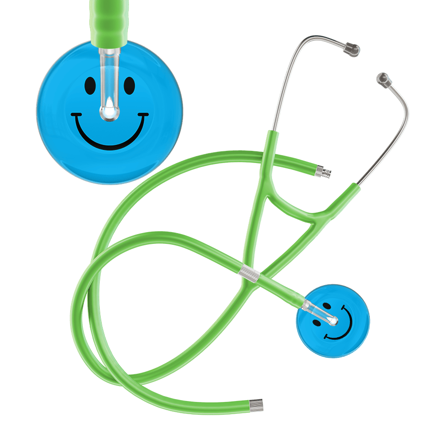 Ultrascope Single Stethoscope Smiley Face Cyan (CY) / Pediatric / Lime Green Extended Tubing Dark Smiley Face Cardiology Stethoscope