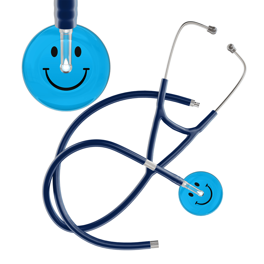 Ultrascope Single Stethoscope Smiley Face Cyan (CY) / Adult / Navy Extended Tubing Dark Smiley Face Cardiology Stethoscope