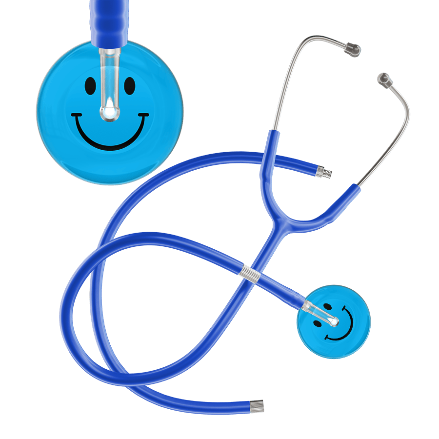 Ultrascope Single Stethoscope Smiley Face Cyan (CY) / Adult / Royal Blue Extended Tubing Dark Smiley Face Stethoscope