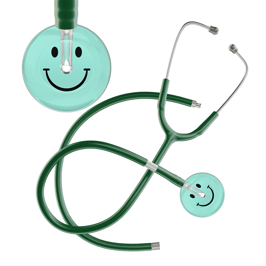Ultrascope Single Stethoscope Smiley Face Robin's Egg (EB) / Adult / Dark Green Extended Tubing Light Smiley Face Stethoscope