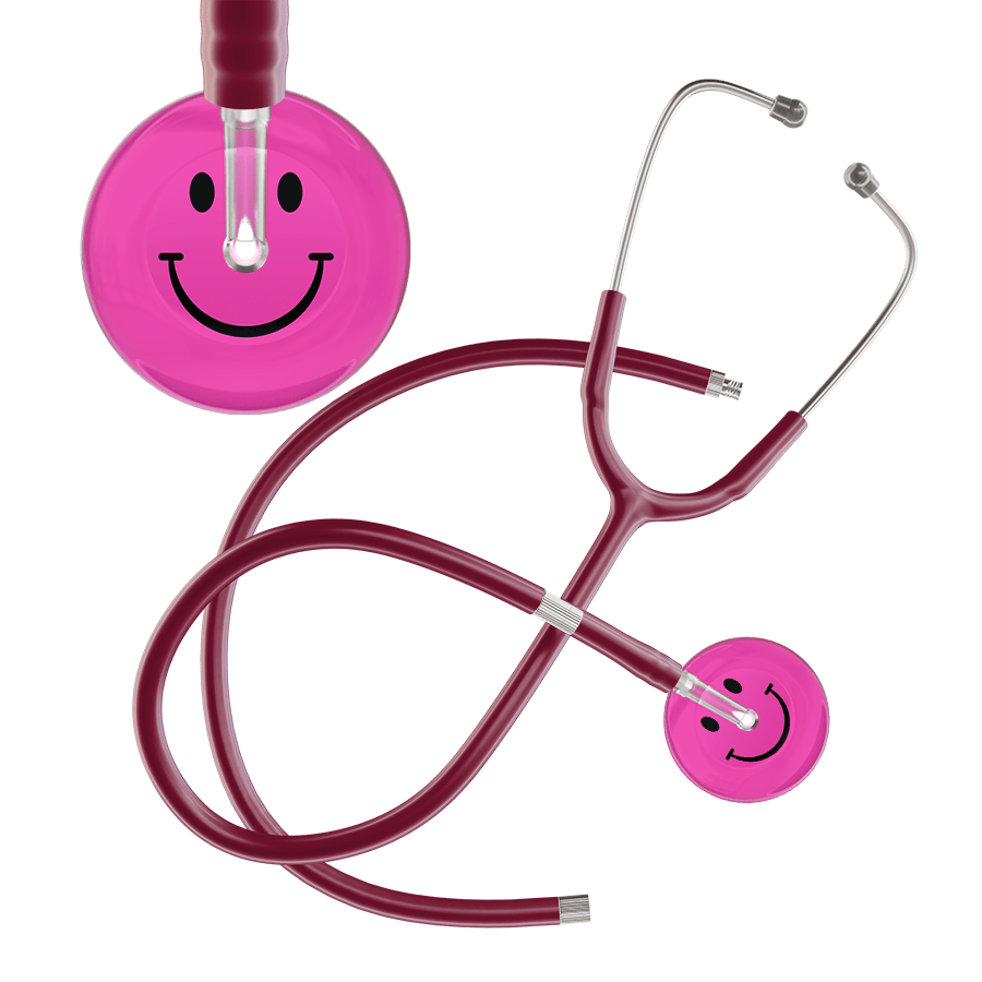 Ultrascope Single Stethoscope Smiley Face Hot Pink (HP) / Adult / Burgundy Extended Tubing Dark Smiley Face Stethoscope