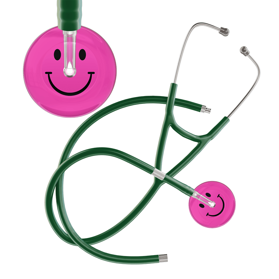 Ultrascope Single Stethoscope Smiley Face Hot Pink (HP) / Pediatric / Dark Green Extended Tubing Dark Smiley Face Cardiology Stethoscope