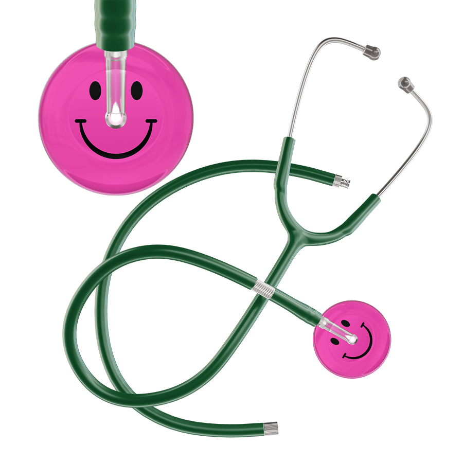 Ultrascope Single Stethoscope Smiley Face Hot Pink (HP) / Pediatric / Dark Green Extended Tubing Dark Smiley Face Stethoscope
