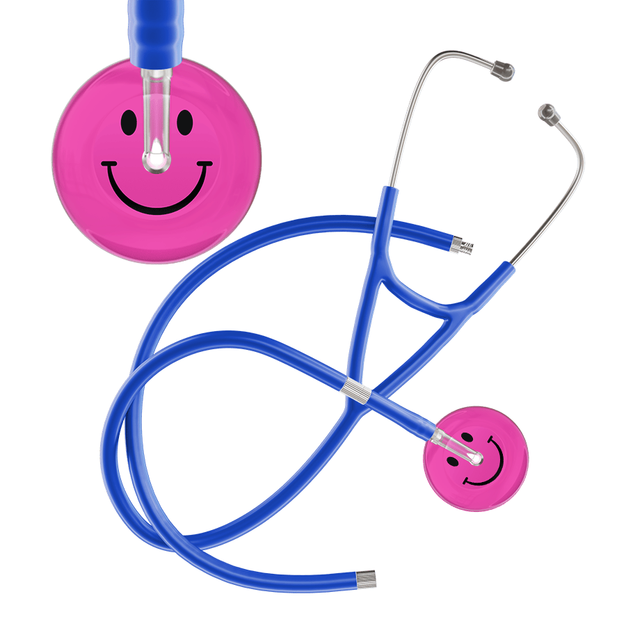Ultrascope Single Stethoscope Smiley Face Hot Pink (HP) / Pediatric / Royal Blue Extended Tubing Dark Smiley Face Cardiology Stethoscope