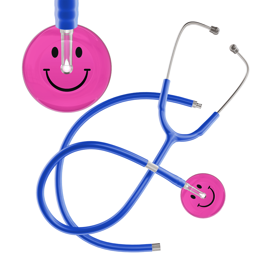 Ultrascope Single Stethoscope Smiley Face Hot Pink (HP) / Pediatric / Royal Blue Extended Tubing Dark Smiley Face Stethoscope