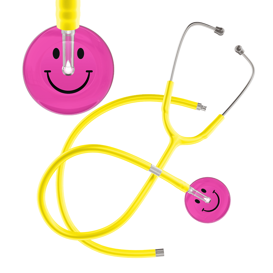 Ultrascope Single Stethoscope Smiley Face Hot Pink (HP) / Adult / Yellow Extended Tubing Dark Smiley Face Stethoscope
