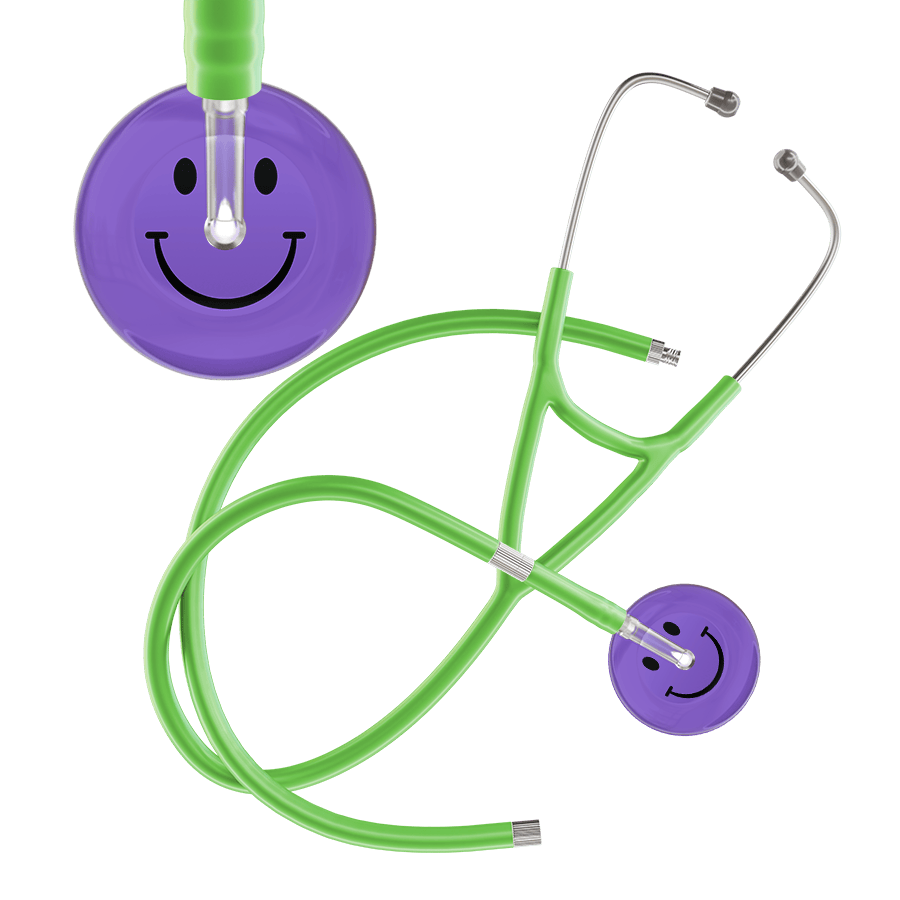 Ultrascope Single Stethoscope Smiley Face Lavender (LA) / Adult / Lime Green Extended Tubing Dark Smiley Face Cardiology Stethoscope
