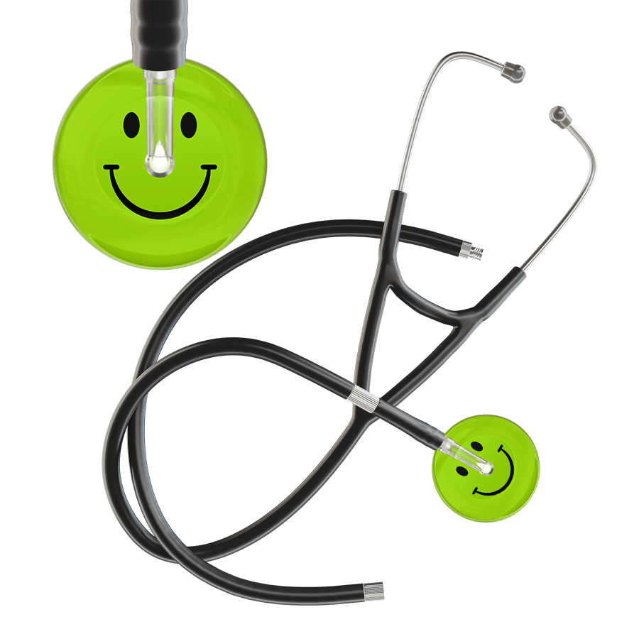 Ultrascope Single Stethoscope Smiley Face Lime Green (LG) / Adult / Black Extended Tubing Dark Smiley Face Cardiology Stethoscope