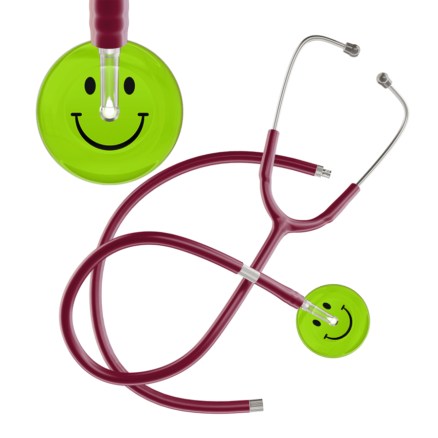 Ultrascope Single Stethoscope Smiley Face Lime Green (LG) / Pediatric / Burgundy Extended Tubing Dark Smiley Face Stethoscope