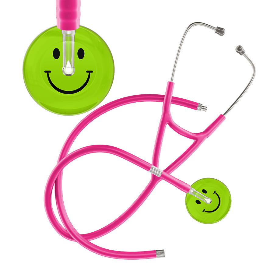 Ultrascope Single Stethoscope Smiley Face Lime Green (LG) / Pediatric / Hot Pink Extended Tubing Dark Smiley Face Cardiology Stethoscope