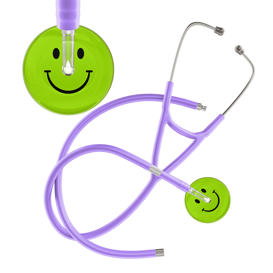 Ultrascope Single Stethoscope Smiley Face Lime Green (LG) / Adult / Lavender Extended Tubing Dark Smiley Face Cardiology Stethoscope