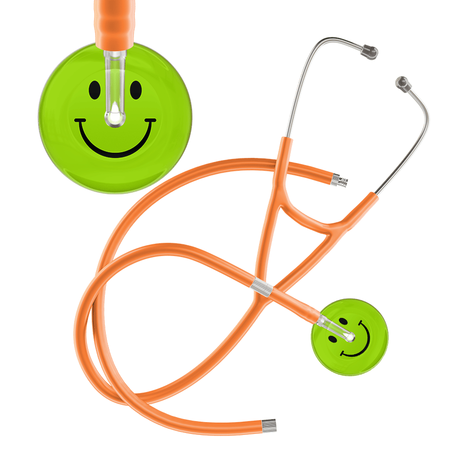 Ultrascope Single Stethoscope Smiley Face Lime Green (LG) / Adult / Orange Extended Tubing Dark Smiley Face Cardiology Stethoscope