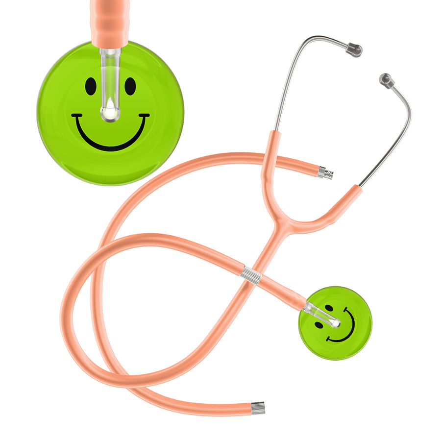 Ultrascope Single Stethoscope Smiley Face Lime Green (LG) / Adult / Peach Extended Tubing Dark Smiley Face Stethoscope