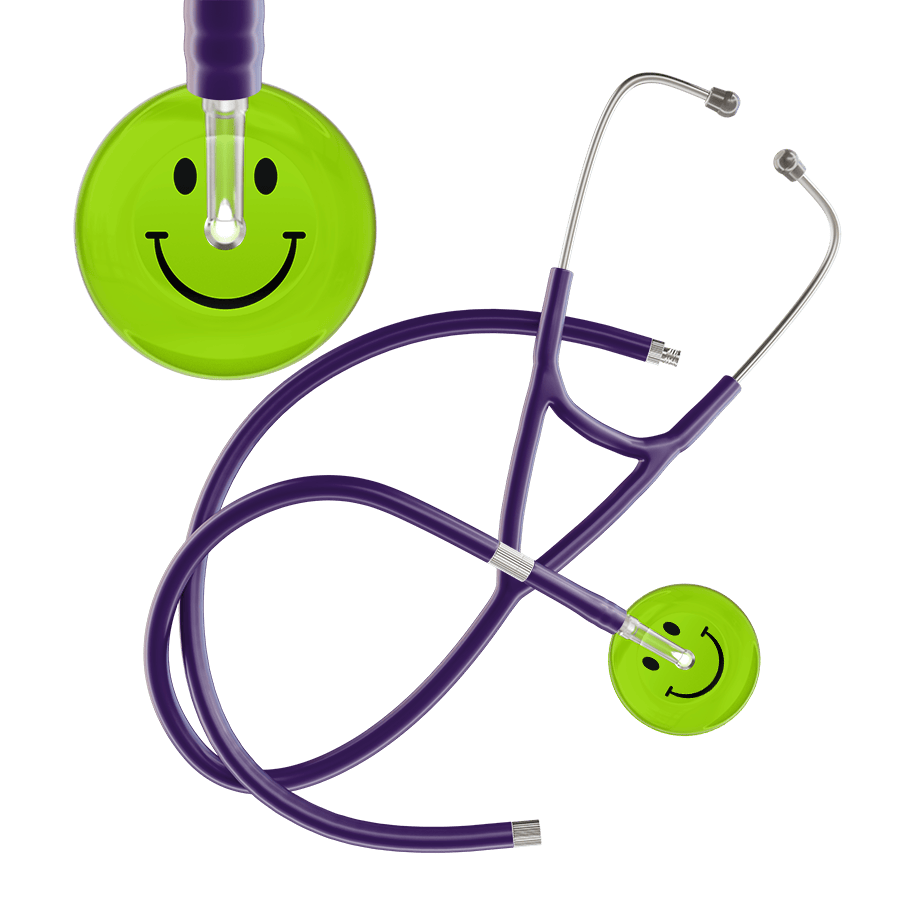 Ultrascope Single Stethoscope Smiley Face Lime Green (LG) / Adult / Purple Extended Tubing Dark Smiley Face Cardiology Stethoscope