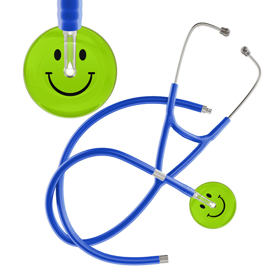Ultrascope Single Stethoscope Smiley Face Lime Green (LG) / Pediatric / Royal Blue Extended Tubing Dark Smiley Face Cardiology Stethoscope