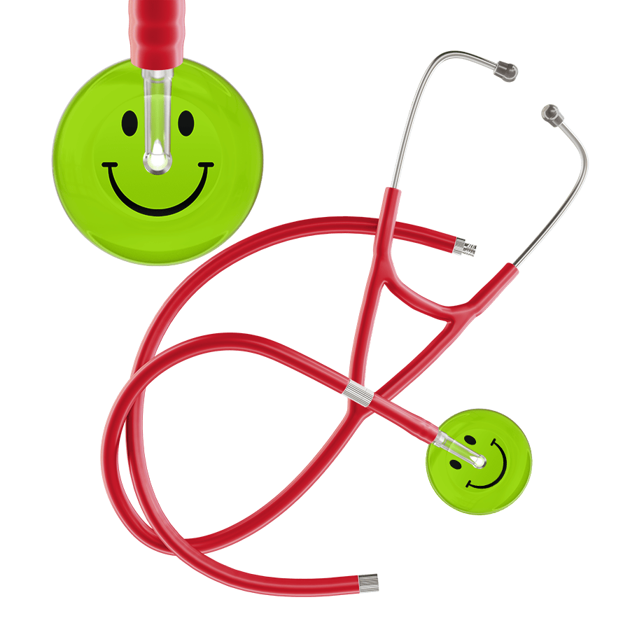 Ultrascope Single Stethoscope Smiley Face Lime Green (LG) / Pediatric / Red Extended Tubing Dark Smiley Face Cardiology Stethoscope