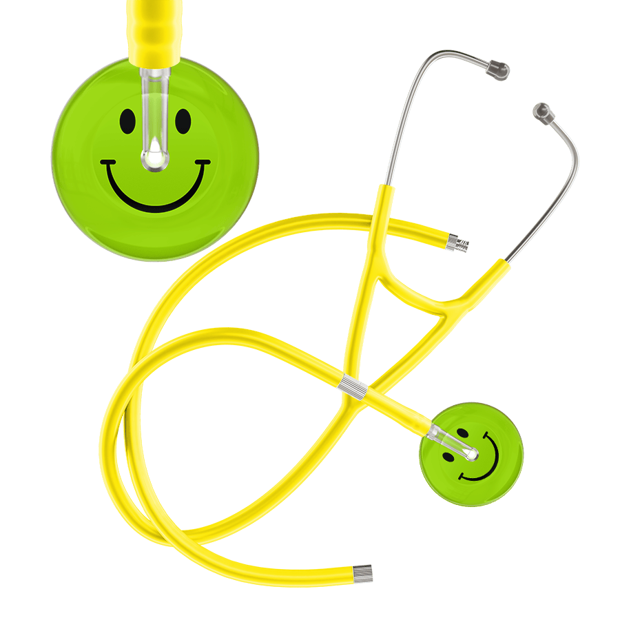 Ultrascope Single Stethoscope Smiley Face Lime Green (LG) / Adult / Yellow Extended Tubing Dark Smiley Face Cardiology Stethoscope