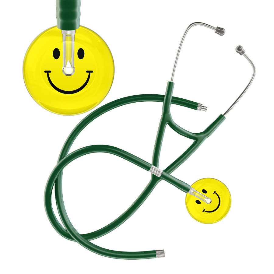 Ultrascope Single Stethoscope Smiley Face Lemon (LM) / Adult / Dark Green Extended Tubing Light Smiley Face Cardiology Stethoscope